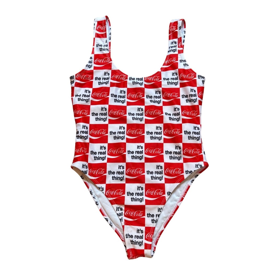 Coca-Cola One Piece Swimsuit Womens Red White Checkered Retro Graphic SIZE S